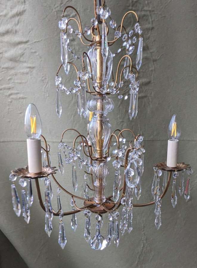 1930's Gilded Brass Framed Cut Glass 3 Light Chandelier