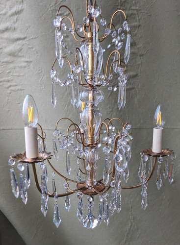 1930's Gilded Brass Framed Cut Glass 3 Light Chandelier