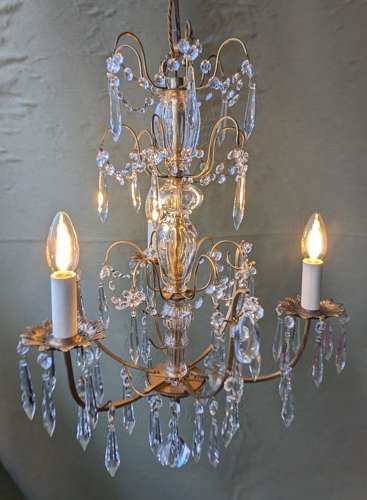 1930's Gilded Brass Framed Cut Glass 3 Light Chandelier