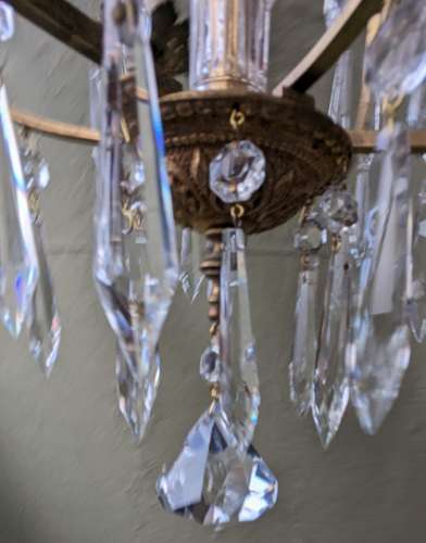 1930's Gilded Brass Framed Cut Glass 3 Light Chandelier