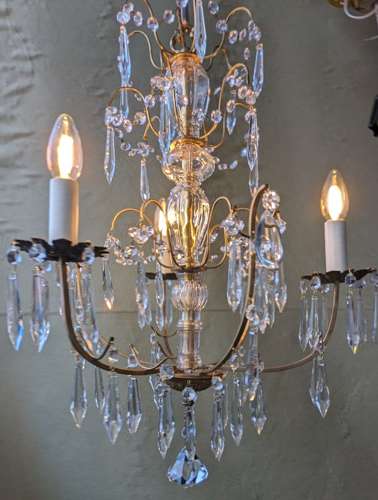 1930's Gilded Brass Framed Cut Glass 3 Light Chandelier