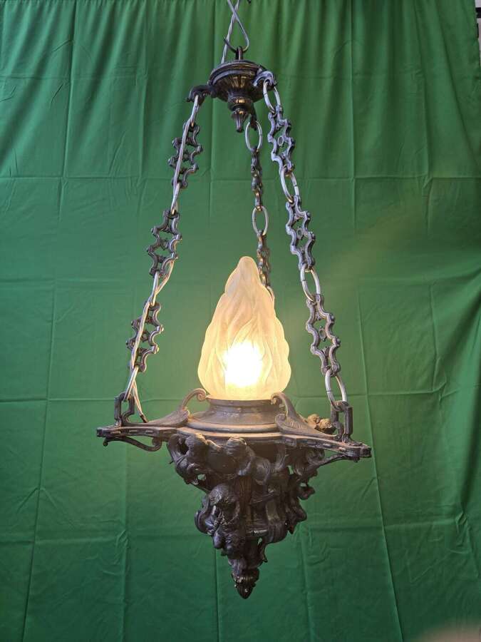 Antique Cast Metal Cherub Hanging Lantern with Flame Glass Shade