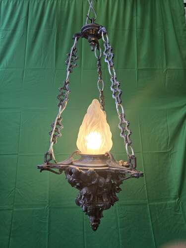 Antique Cast Metal Cherub Hanging Lantern with Flame Glass Shade