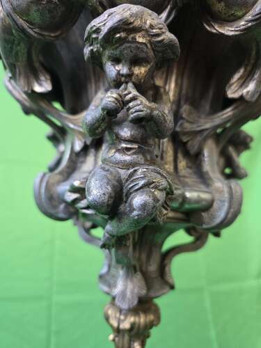 Antique Cast Metal Cherub Hanging Lantern with Flame Glass Shade
