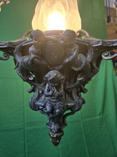 Antique Cast Metal Cherub Hanging Lantern with Flame Glass Shade