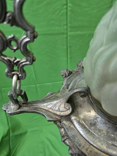 Antique Cast Metal Cherub Hanging Lantern with Flame Glass Shade