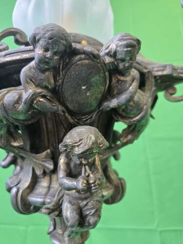 Antique Cast Metal Cherub Hanging Lantern with Flame Glass Shade