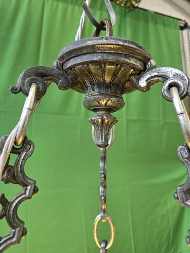Antique Cast Metal Cherub Hanging Lantern with Flame Glass Shade