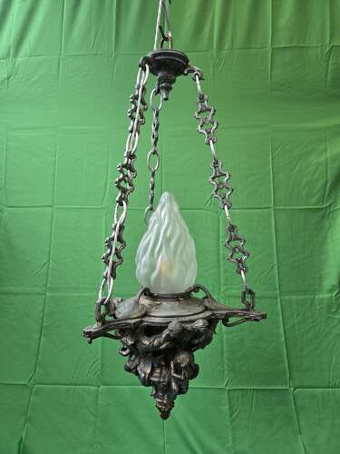 Antique Cast Metal Cherub Hanging Lantern with Flame Glass Shade